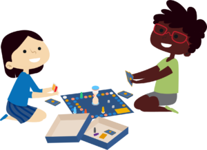 Animated graphic of two young children playing a board game.