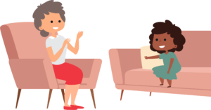 Animated graphic of an adult sitting in a chair talking with a young child on a couch during a therapy session.